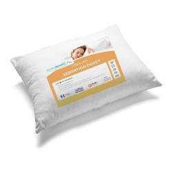 Oreiller sensation duvet 65x65 cm avec encart Alpes blanc