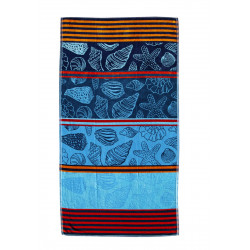 Serviette de plage coquillages bleue & rouge 90 x 170 cm 100% coton